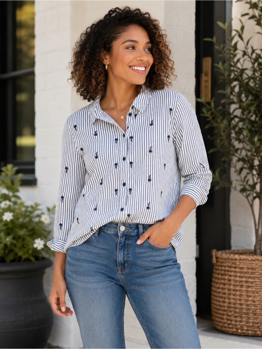 ONLY Striped Embroidered Button Front Shirt Women’s EU 36 Blue White Floral